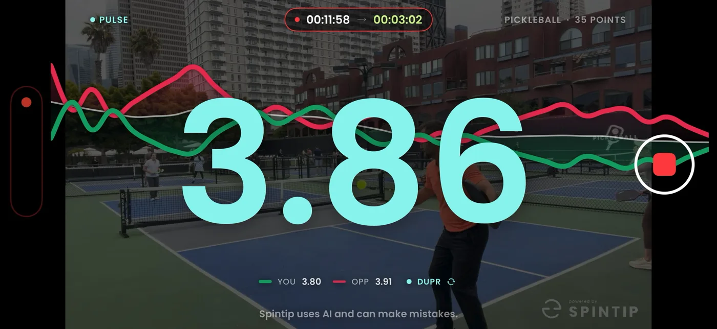 Pickleball, live: the level after 35 points, shown as DUPR
