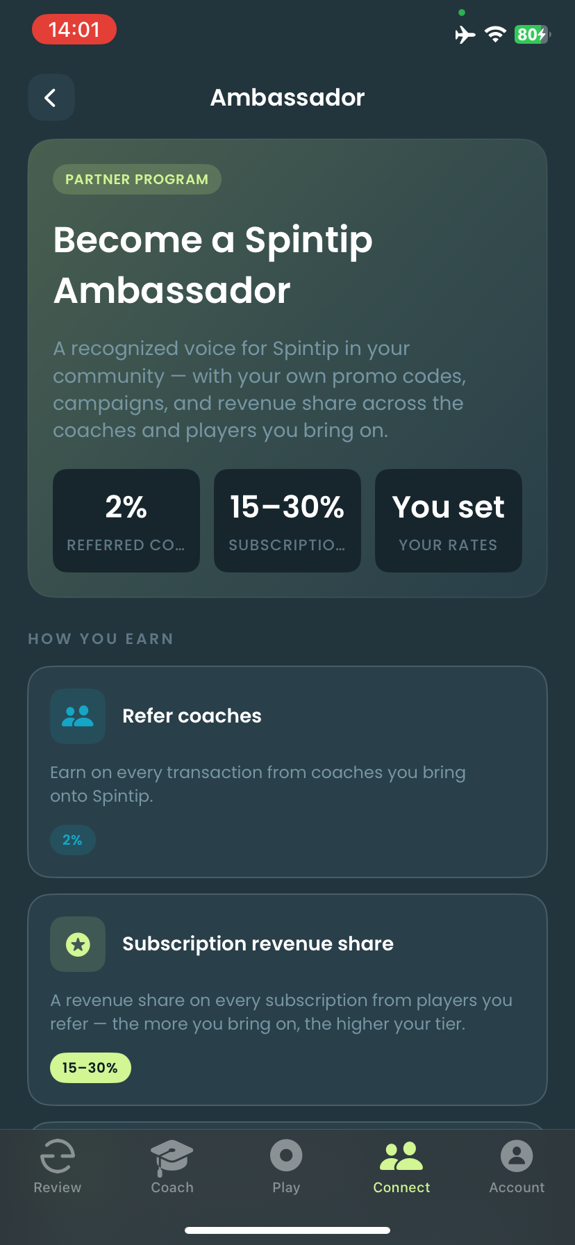 The ambassador program screen in the app