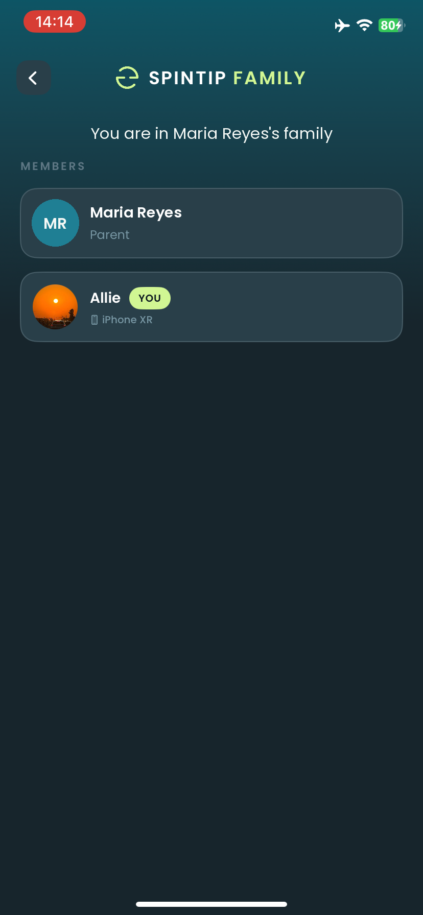 The Spintip Family screen: a parent and a child