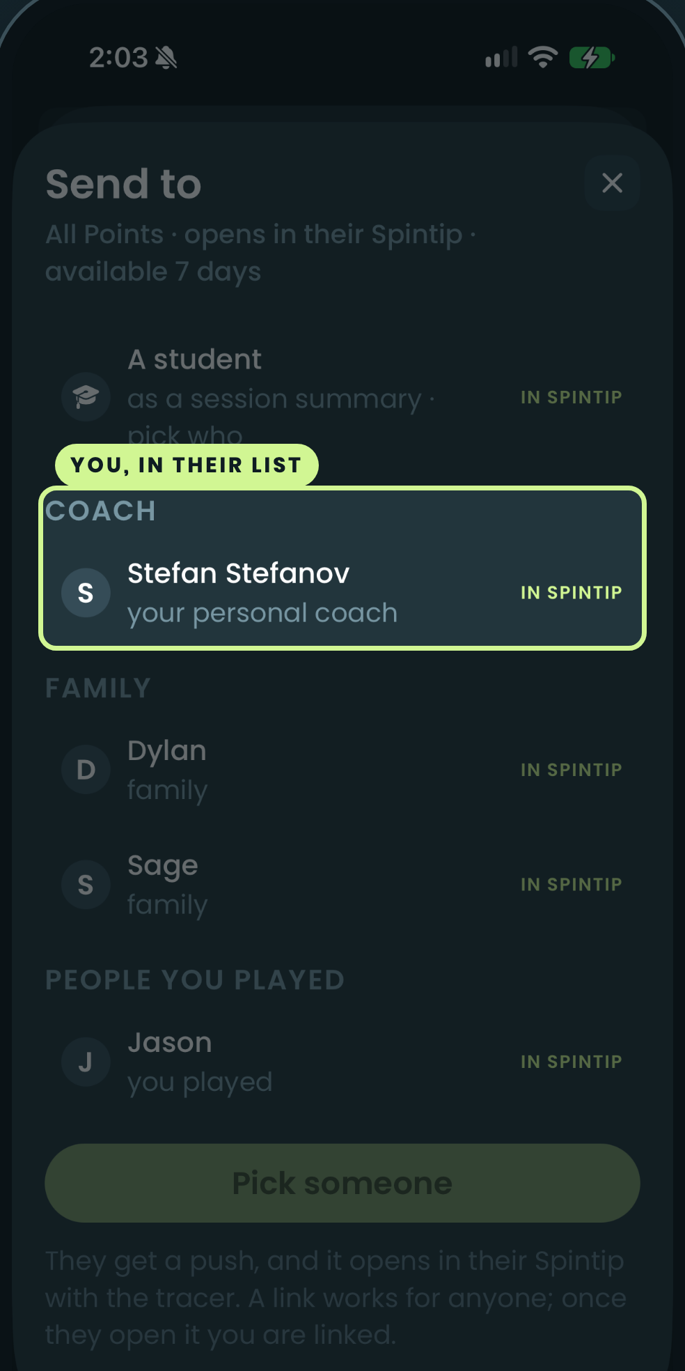 The Send to list, with the coach at the top
